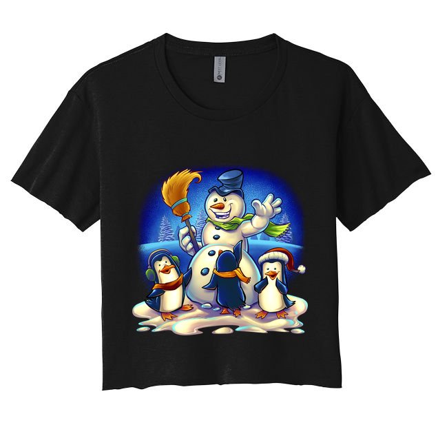 Snowman With Penguins Having Fun Crop Top