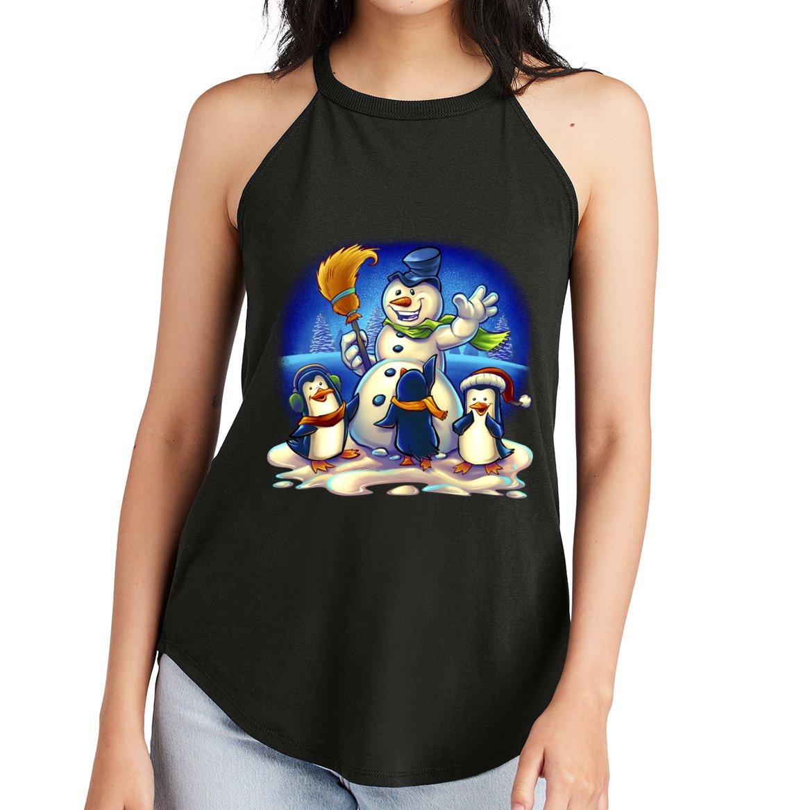 Snowman With Penguins Having Fun Women's Perfect Tri Rocker Tank