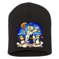 Snowman With Penguins Having Fun Short Acrylic Beanie