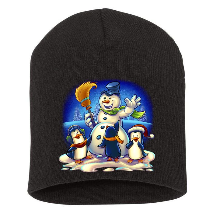 Snowman With Penguins Having Fun Short Acrylic Beanie