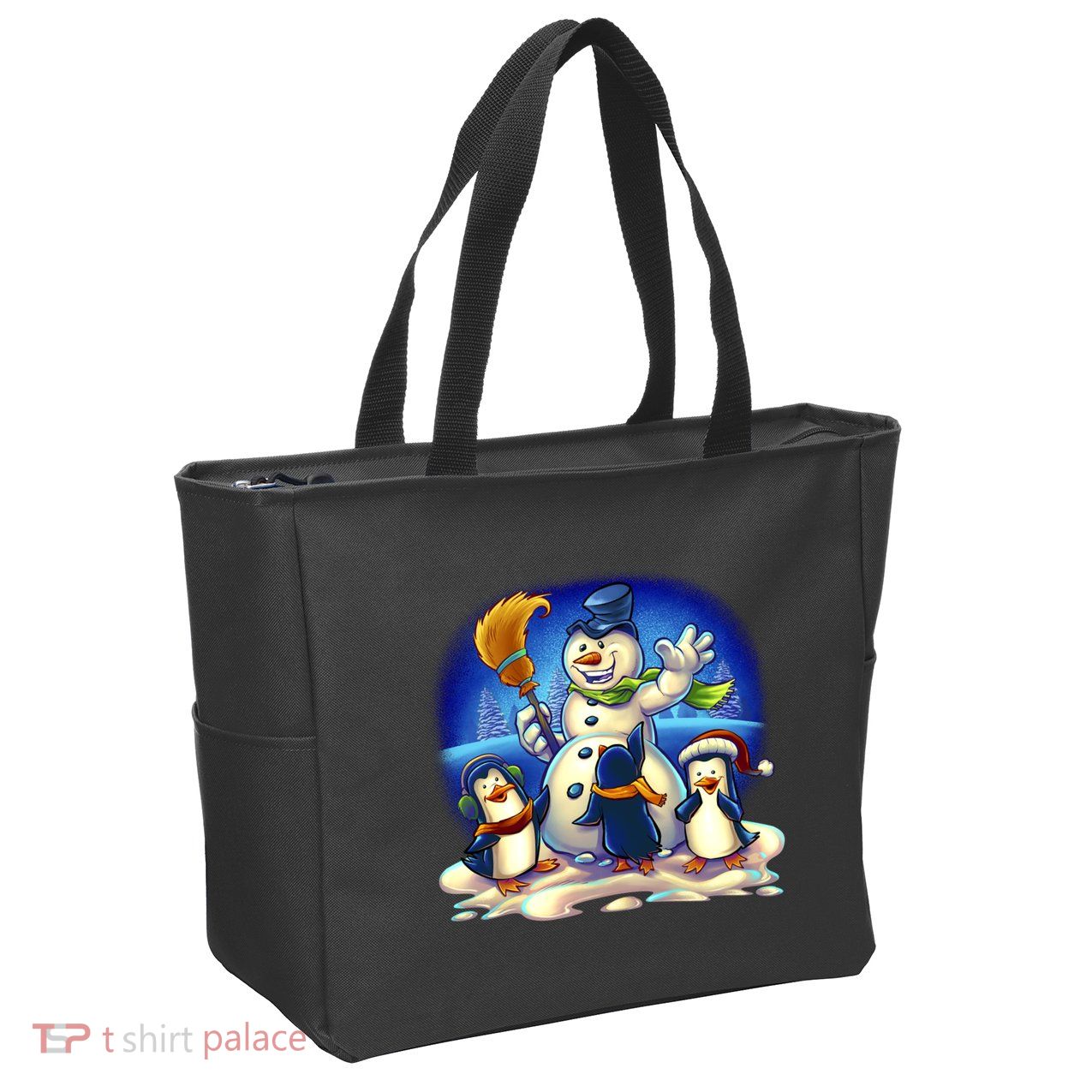 Snowman With Penguins Having Fun Zip Tote Bag