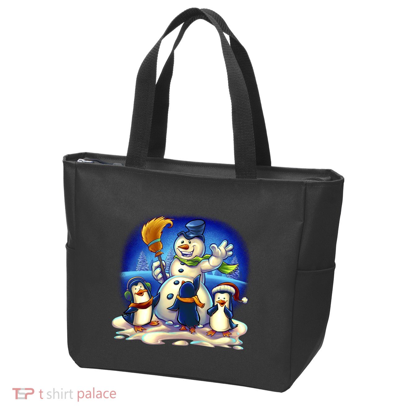 Snowman With Penguins Having Fun Zip Tote Bag