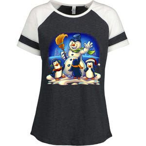 Snowman With Penguins Having Fun Enza Ladies Jersey Colorblock Tee