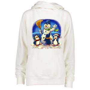 Snowman With Penguins Having Fun Womens Funnel Neck Pullover Hood