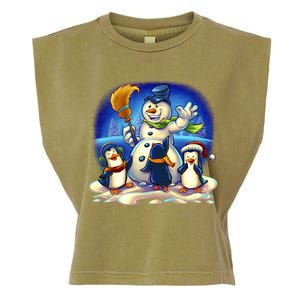 Snowman With Penguins Having Fun Garment-Dyed Women's Muscle Tee