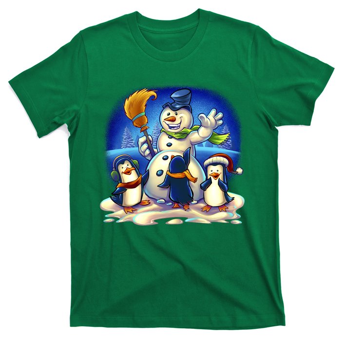 Snowman With Penguins Having Fun T-Shirt