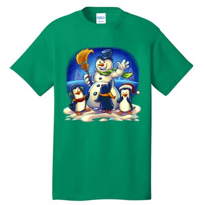 Snowman With Penguins Having Fun Tall T-Shirt