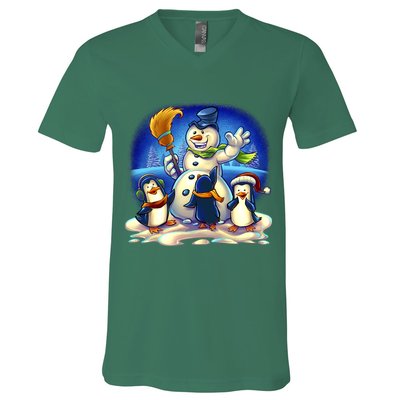 Snowman With Penguins Having Fun V-Neck T-Shirt