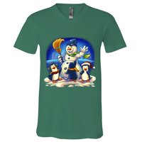 Snowman With Penguins Having Fun V-Neck T-Shirt