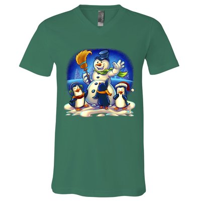 Snowman With Penguins Having Fun V-Neck T-Shirt