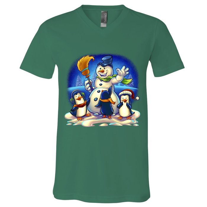 Snowman With Penguins Having Fun V-Neck T-Shirt