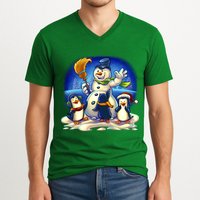 Snowman With Penguins Having Fun V-Neck T-Shirt