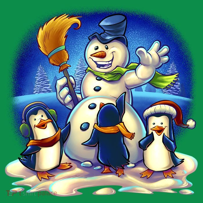 Snowman With Penguins Having Fun Button