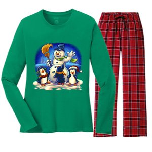 Snowman With Penguins Having Fun Women's Long Sleeve Flannel Pajama Set 