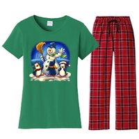 Snowman With Penguins Having Fun Women's Flannel Pajama Set