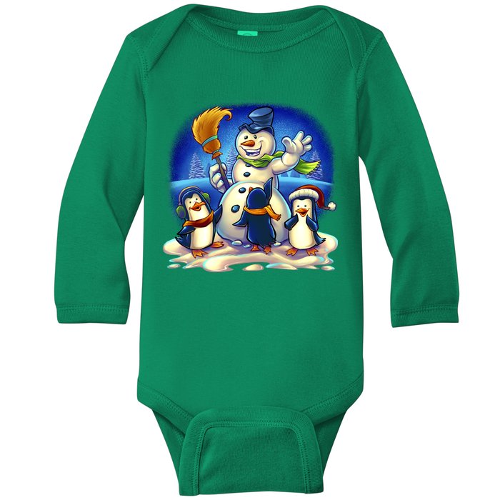 Snowman With Penguins Having Fun Baby Long Sleeve Bodysuit