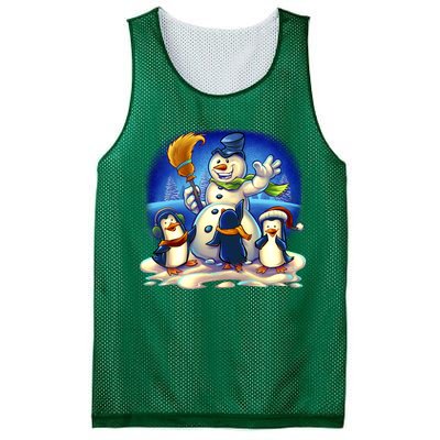 Snowman With Penguins Having Fun Mesh Reversible Basketball Jersey Tank