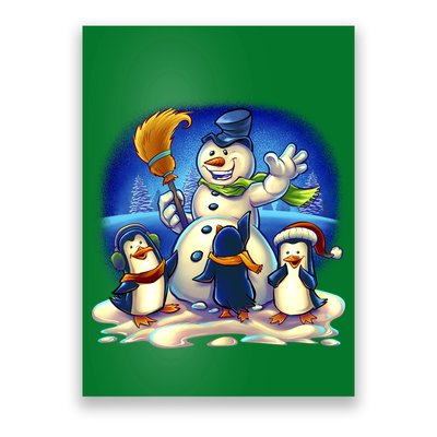 Snowman With Penguins Having Fun Poster
