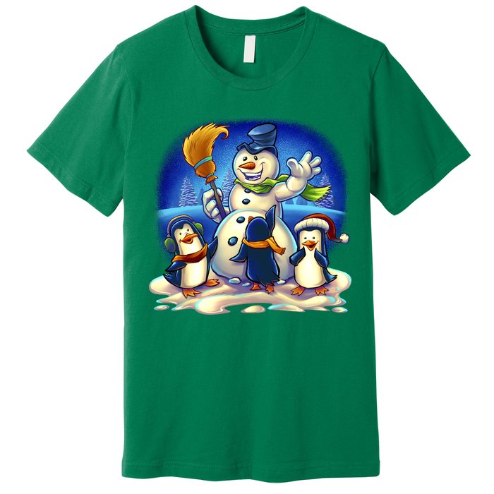 Snowman With Penguins Having Fun Premium T-Shirt