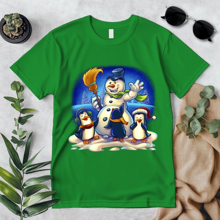 Snowman With Penguins Having Fun Premium T-Shirt