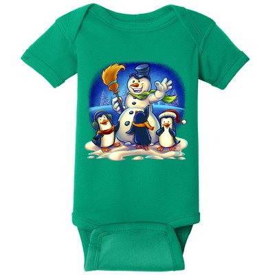 Snowman With Penguins Having Fun Baby Bodysuit