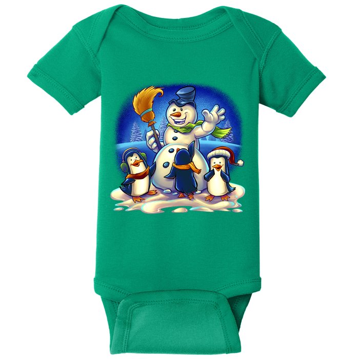 Snowman With Penguins Having Fun Baby Bodysuit