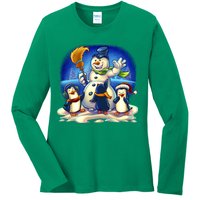 Snowman With Penguins Having Fun Ladies Long Sleeve Shirt