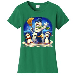 Snowman With Penguins Having Fun Women's T-Shirt