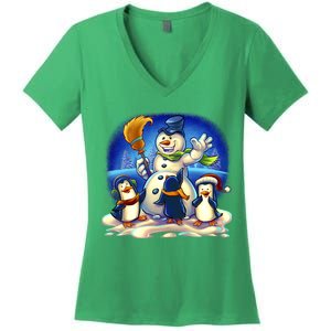 Snowman With Penguins Having Fun Women's V-Neck T-Shirt