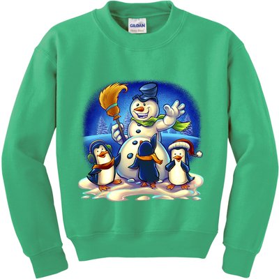 Snowman With Penguins Having Fun Kids Sweatshirt