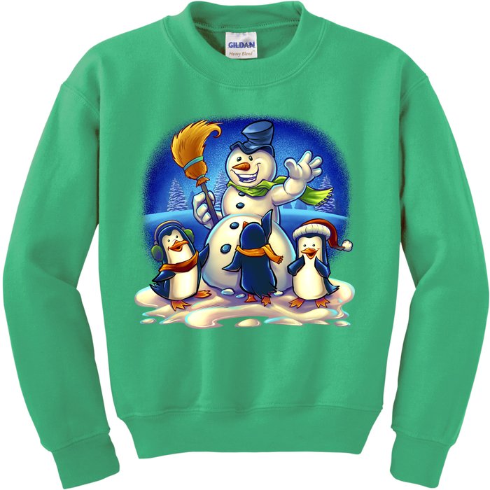 Snowman With Penguins Having Fun Kids Sweatshirt