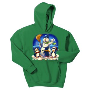 Snowman With Penguins Having Fun Kids Hoodie