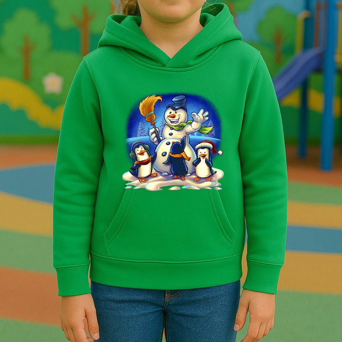 Snowman With Penguins Having Fun Kids Hoodie