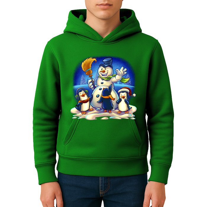 Snowman With Penguins Having Fun Kids Hoodie