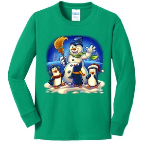 Snowman With Penguins Having Fun Kids Long Sleeve Shirt