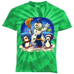 Snowman With Penguins Having Fun Kids Tie-Dye T-Shirt