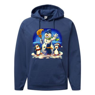 Snowman With Penguins Having Fun Performance Fleece Hoodie