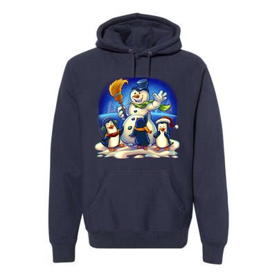 Snowman With Penguins Having Fun Premium Hoodie