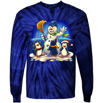 Snowman With Penguins Having Fun Tie-Dye Long Sleeve Shirt