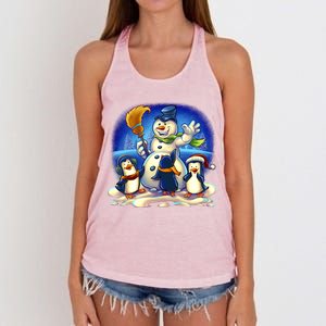 Snowman With Penguins Having Fun Women's Knotted Racerback Tank