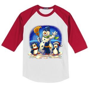 Snowman With Penguins Having Fun Kids Colorblock Raglan Jersey