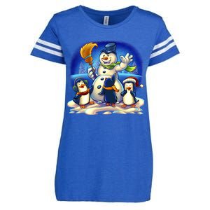 Snowman With Penguins Having Fun Enza Ladies Jersey Football T-Shirt