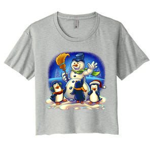 Snowman With Penguins Having Fun Women's Crop Top Tee