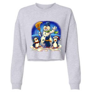 Snowman With Penguins Having Fun Cropped Pullover Crew