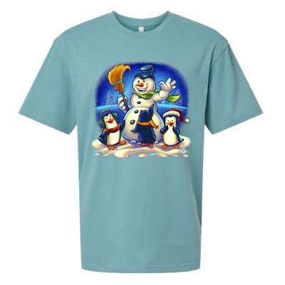 Snowman With Penguins Having Fun Sueded Cloud Jersey T-Shirt