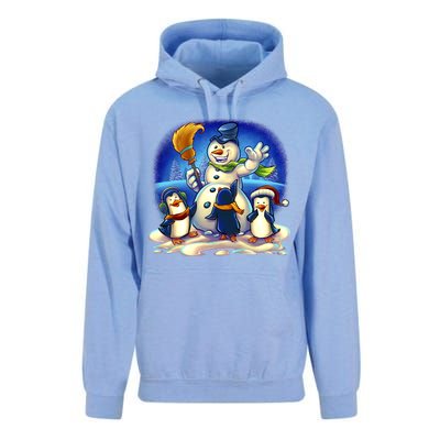 Snowman With Penguins Having Fun Unisex Surf Hoodie