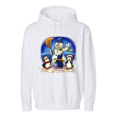 Snowman With Penguins Having Fun Garment-Dyed Fleece Hoodie