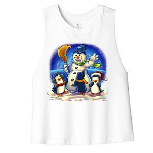 Snowman With Penguins Having Fun Women's Racerback Cropped Tank