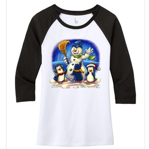 Snowman With Penguins Having Fun Women's Tri-Blend 3/4-Sleeve Raglan Shirt