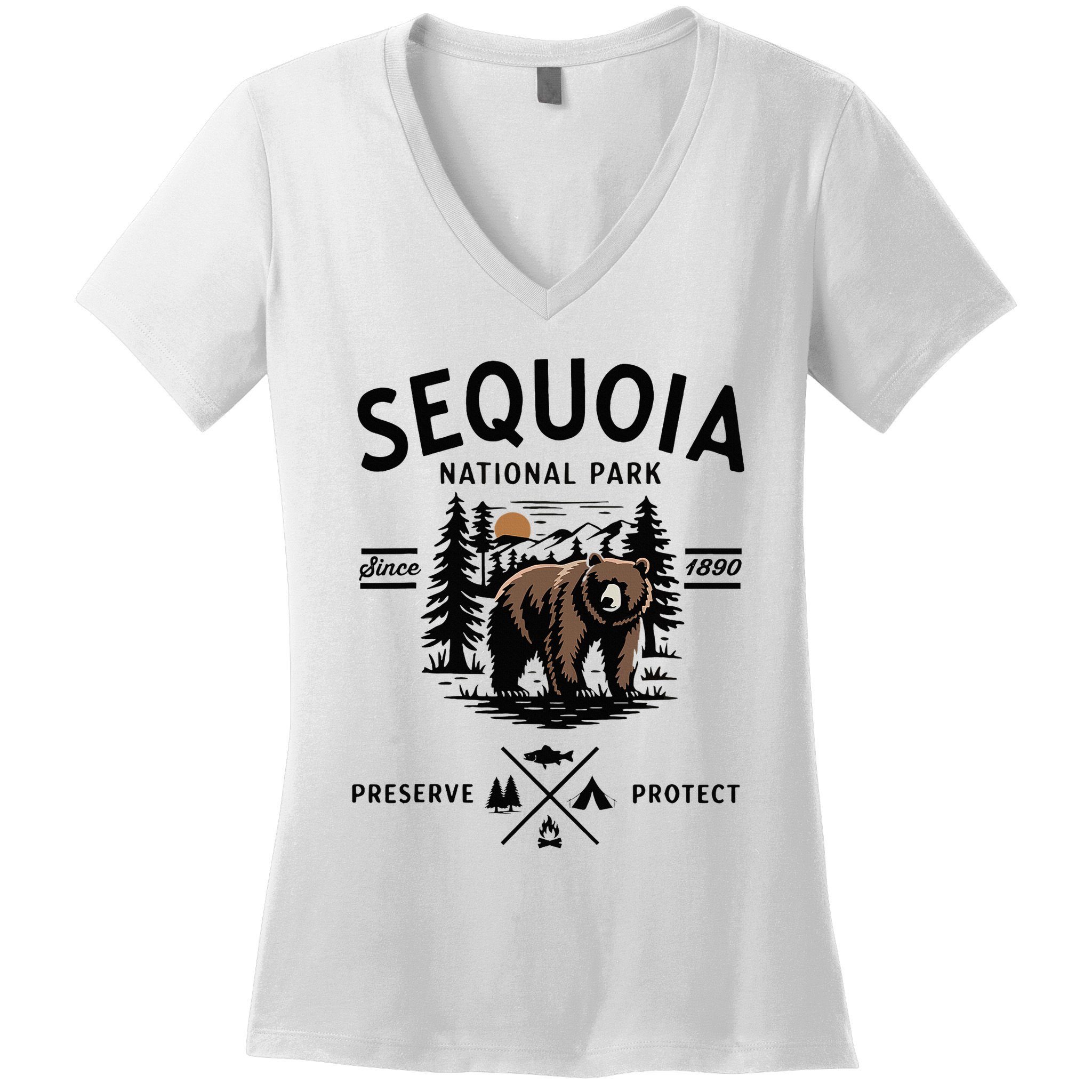 Sequoia National Park Grizzly Bear Camping California 1890 Women's V-Neck T-Shirt